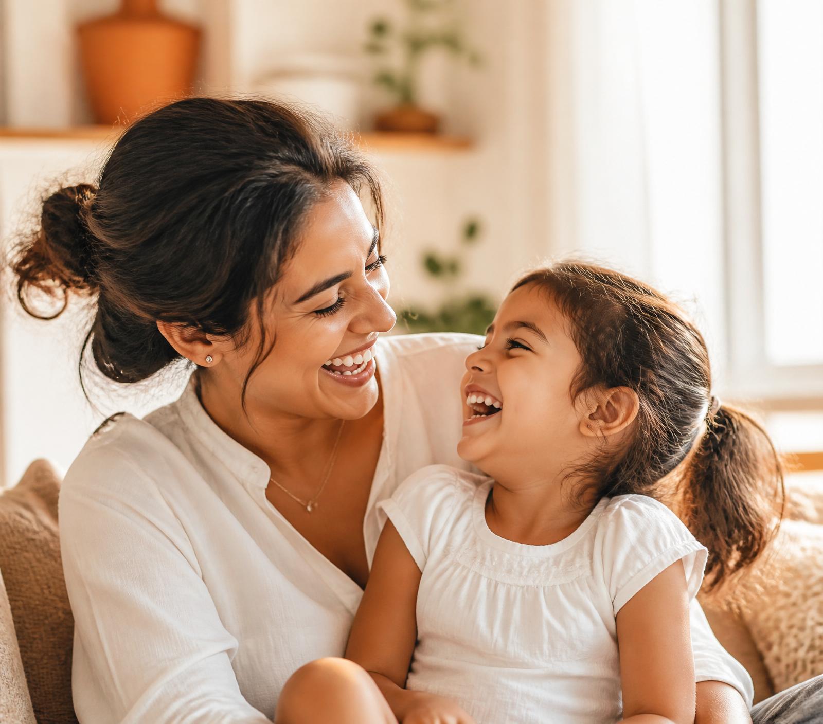 A mother and young daughter laughing warmly together in natural daylight